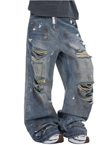 Y2K Baggy Jeans Men Ripped Pants Wide Leg Distressed Destroyed Straight Leg Ripped Jeans Trousers