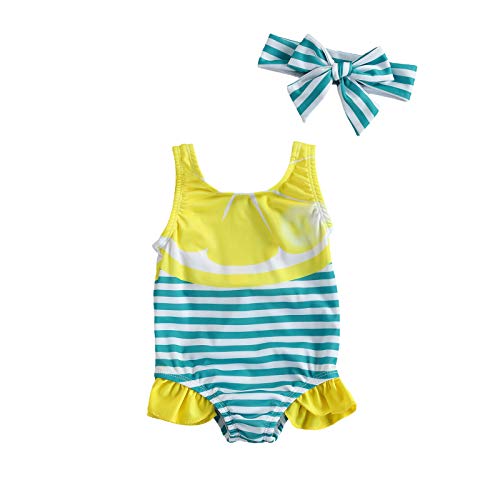 Baby Girl One Piece Swimsuit Ruffle Striped Bathing Suits Swimwear with Headband Beach Wear Set (Lemon,12-18 Months)