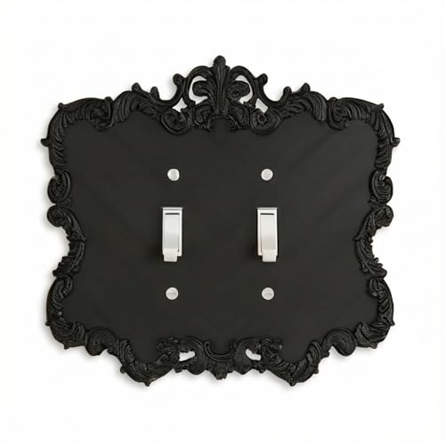 Gothic Decorative Light Switch Cover Plate, Black Ornate Baroque Design with Crown Detail and Scrollwork, Matte Finish, Double Toggle (Black03)