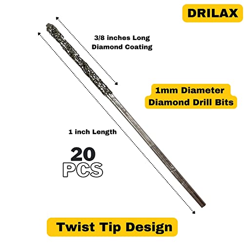 Drilax 1mm Diamantbohrer Set – Diamantbeschichtete Mikro Bohrer für Schmuck, Glas, Muscheln, Edelsteine & Meerglas – 20 Stück Feinbohrer Kit
