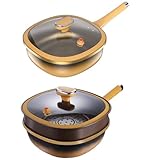 Lapiglo Sartén profunda no metálica de 12 pulgadas con tapa de vidrio y cesta de vapor, freír saludable, guisar, color amarillo