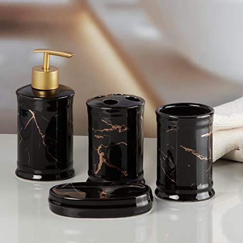 Image of SaSaSa Ceramic Bathroom Accessories Set of 4 Modern Bath Set with Soap Dispenser & Toothbrush Holder, Luxury Home & Gift Idea, Black /Gold (8228)