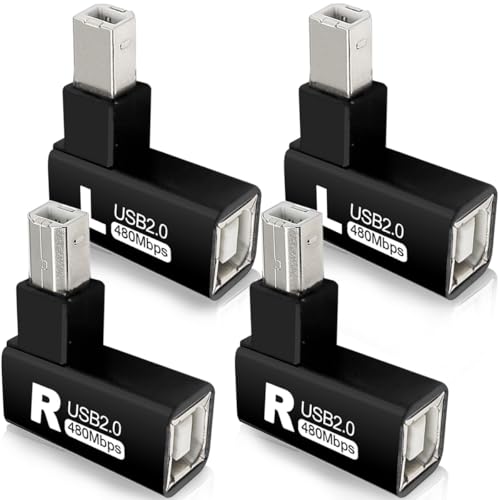 HAAMNING7 Adaptador de impresora USB 2.0 tipo B de 90 grados, 4 unidades, USB 2.0 B macho a tipo B hembra, adaptador de impresora para impresora, escáner, fax (izquierda + derecha)