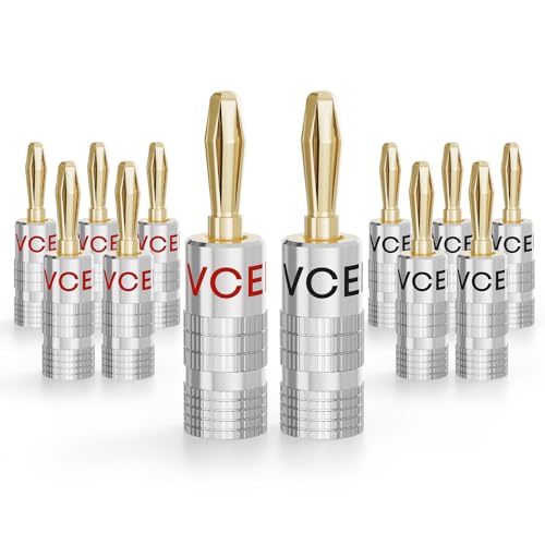 VCELINK Banana Plugs for Speaker Wire 6 Pairs/12 Pcs, 24K Gold Plated Dual-Screw Type Speaker Connector for Home Theater, Wall Plate, Audio/Video Receiver and Sound Systems (Red+Black)