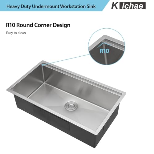 Kichae 33 Undermount Kitchen Sink- 33 x 19 Undermount Sink Ledge Workstation Stainless Steel 16 Gauge Single Bowl Round Corner Handmade with Cutting Board by Kichae - Image 8