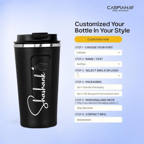 Image of CASPIAN / / / Java Customised Stainless Steel Mug 500 Ml Black Vacuum Insulated with Logo Print-Personalised Mug with Your Name Print for Kids Boys Girls School Office Gym-Perfect for Corporate Gifting