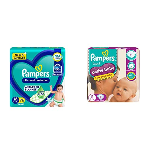 Image of Pampers All round Protection Pants, Medium size baby diapers (M) 76 Count, Lotion with Aloe Vera & Pampers Active Baby Taped Diapers, Small size diapers, (S) 22 count, taped style custom fit
