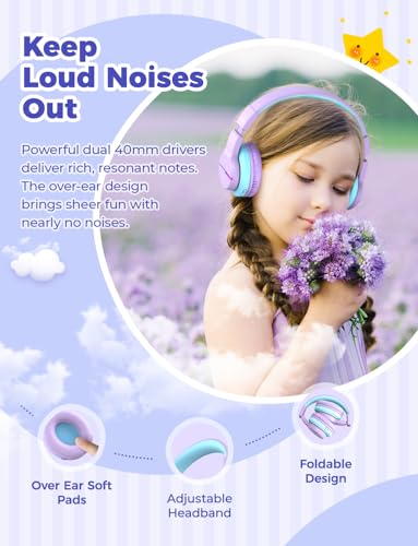 Image of iClever Girls Headphones, Kids Wireless Headphones with 74 /85 /94dB Volume Limited Over Ear, 40H Playtime, Bluetooth 5.0, Kids Headphones with Mic for School /Tablet /PC /Airplane, Purple