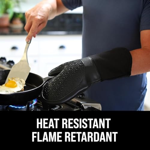 Image of BPA-Free Silicone Oven Mitts Ultra Heat Resistant up to 500F - Oven Mitts with Thick Cotton Liner - Long Slip Resistant Pot Holders, Flexible Oven Gloves - Black 13.7 inch
