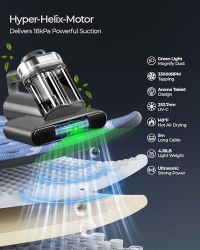 Image of Teant Bed Mattress Vacuum, 18 kPa & Green Light Dust Detection, MV-Grey | 2-Speed Bed Vacuum Cleaner with 253.7nm UV-C & Ultrasonic, LED Display, 149℉ Heat, HEPA, Aroma & Anion for Bed Sofa Pet Hair