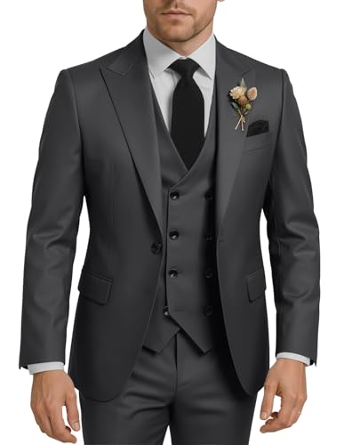 Wangyue Men's Double Breasted Suit 3 Piece Suits Slim Fit Wedding Suit One Button Blazer Prom Suit Vest Pants Suit Sets