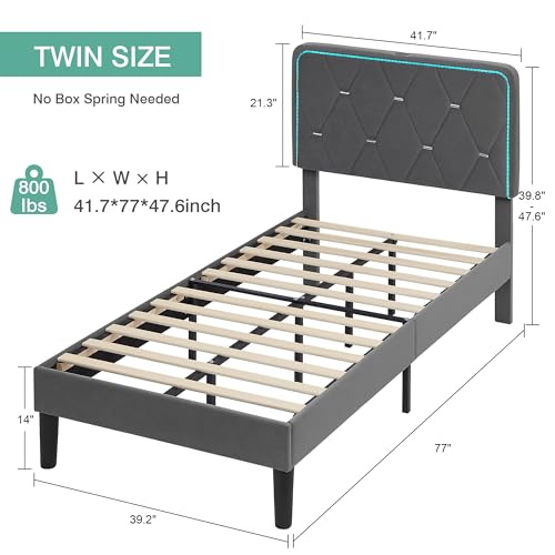 VECELO Upholstered Twin Bed Frame with Headboard Adjustable, Velvet Platform Bed with LED Lights, Charging Station, Mattress Foundation with Wooden Slats, Noise Free, No Box Spring Needed, Grey