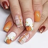 24pcs Fall Press on Nails Short Square Thanksgiving Fake Nails with Line Designs Full Cover Glitter Stick on Nails Yellow Brown False Nails Autumn Pumpkins Acrylic Nails for Women Girl