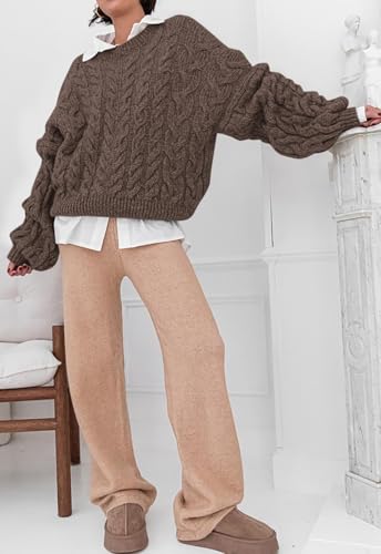 Image of PRETTYGARDEN Womens Sweaters Spring 2026 Cable Knit Long Sleeve Crewneck Oversized Sweater Chunky Pullover Loose Outfits