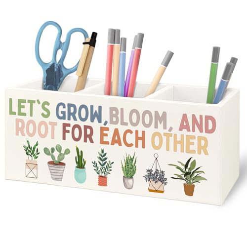 Image of Boho Plant Classroom Wooden Pen Pencil Holder for Office Desk Accessories, Back to School Supplies for Students College Boys Girls Teachers First Day of School, Let's Root for Each Other