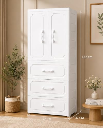 Image of EXVITO Plastic Wardrobe for Cloth with Drawers & Hanging Rod | Cupboard for Clothes Storage | Foldable Collapsible Plastic Almirah | Cabinet for Bedroom and Livingroom- White