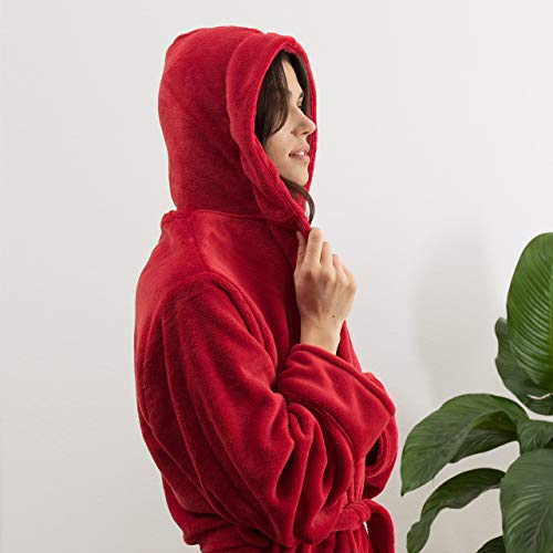 Lumaland Luxury Mikrofaser Bademantel mit Kapuze für Damen und Herren in verschiedenen Größen und Farben Rot L