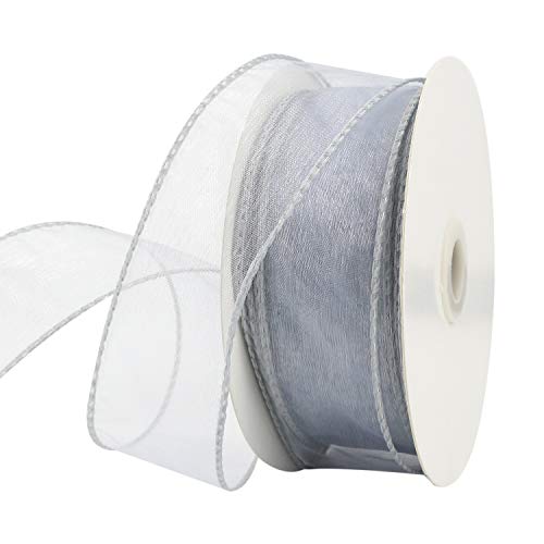 Meedee Silver Sheer Organza Wired Ribbon 1-1/2 Inch 25 Yards - Perfect For Making Bows, Wreaths, Gift Wrapping, Bouquet Wrapping, Decoration, Diy Crafts #TOP27