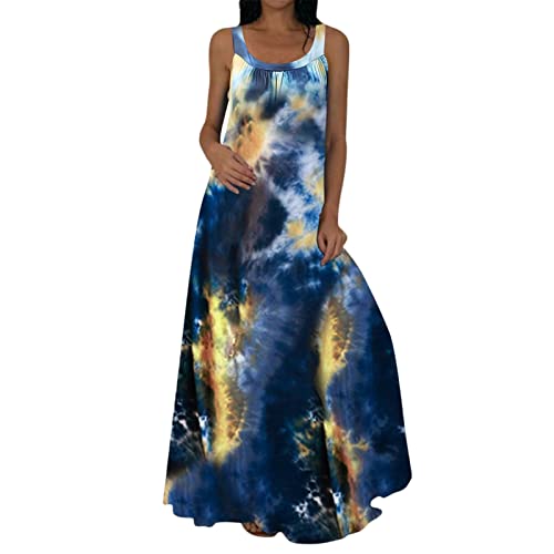 MUKUZI Damen Sommerkleider Elegant Boho Lange Kleider Rundhalsausschnitt Blumenkleid Partykleid Sommer Ärmellos Tunika Beach Maxikleider (C-Yellow, XXXL) Cover