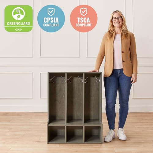 Image of ECR4Kids Streamline 3-Section Toddler Coat Locker with Bench, Classroom Furniture, Grey Wash