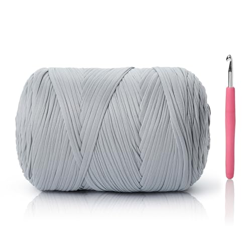Image of 800G(228YDS) Tshirt Yarn for Crocheting,Chunky T-Shirt Yarn for Beginner Crochet Bags,Baskets,Coasters,Shoes,Clothes,DIY Crafts, Elastic Fabric Thick Hand Knitting Crochet Yarns (Light Gray)