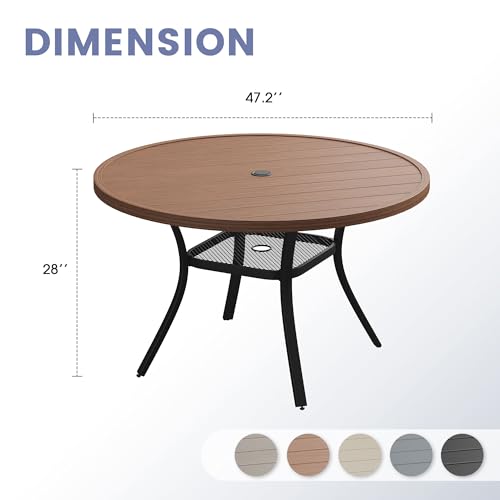 Image of VICLLAX 47.2 inch Round Patio Table, Outdoor Dining Table for 6 with Umbrella Hole for Garden Lawn Deck Backyard, Walnut