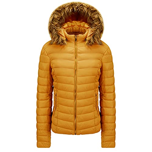 Womens Lightweight Warm Winter Puffer Down Jacket Short Trench Coat Overcoat Athletic Outerwear With Detachable Faux-fur Hood