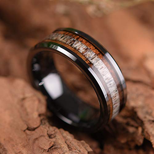 THREE KEYS JEWELRY 6,8mm Black/White Ceramic Wedding Ring with Real Koa Wood Inlay Flat Top Wedding Band Engagement Ring Comfort Fit Size 4-162