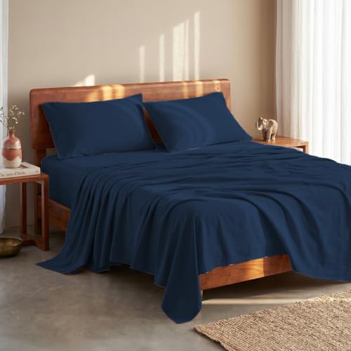 Image of LANE LINEN 100% Organic Cotton Bedsheet for Double Bed Queen - Estate Blue | GOTS Certified, Percale Weave, 90x100 inches, Soft & Breathable, Machine Washable, Includes 2 Pillow Covers