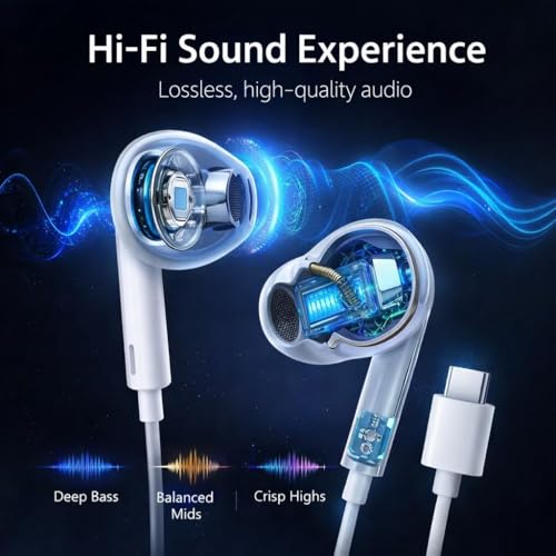 Image of Mizi USB-C Wired Earphones with Microphone & Volume Control, USB Type-C Earbuds Compatible with iPhone 17 /16 /15 Pro Max /Plus /Air, iPad Pro /Air, Galaxy S27 /S26 /S25 /S24 /S23 /S22 /S21 - White