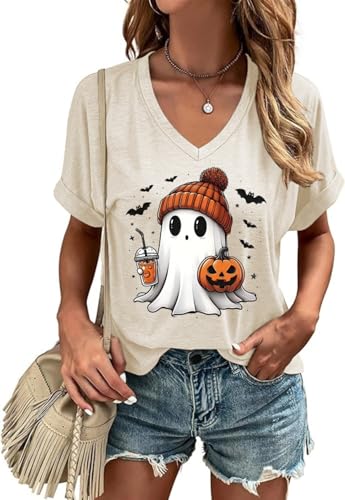 Butovek Women's Halloween Cute Ghost V Neck Shirt, Beige1,M