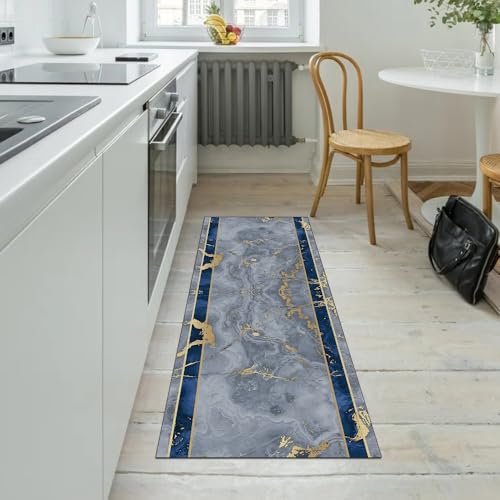 Alfombras de pasillo lavables con base de goma protectora azul y gris 5