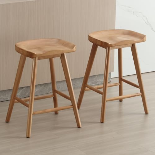 Image of HNY Backless Counter Height Bar Stools Set of 2, 24'' Rustic Farmhouse Wooden Saddle Stools Ergonomic-Seat Bar Chairs, Bar Height Barstools for Kitchen Counter Island, Brown