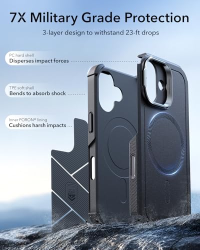 Image of ESR for iPhone 17 Phone Case with Stand, 23ft Military-Grade Drop Protection with Camera Control, Shock-Absorbing Rugged Cover, Compatible with MagSafe Accessories, Cyber Series, Black