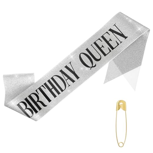 Birthday Queen Sash, Glitter Gold Birthdays Queen Sash with Safety Pin, Happy Birthday Gifts Sashs Party Favors Accessories for Women GIrls(Silver with Black Lettering)