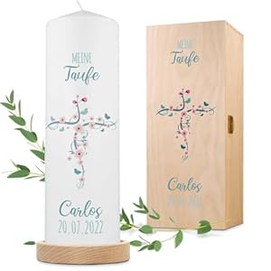 GRAVURZEILE Taufkerze Blumenkreuz personalisierte Stumpenkerze