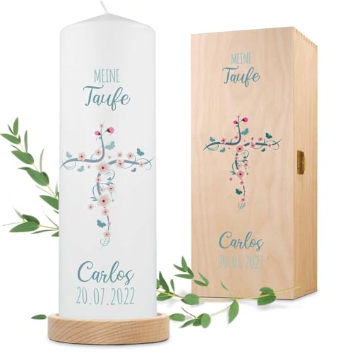 GRAVURZEILE Candela stampata per battesimo con croce di fiori, candela stampata brillante per battesimo, regalo personalizzato per ragazze e ragazzi, candela a colonna di alta qualità, 25080 mm,