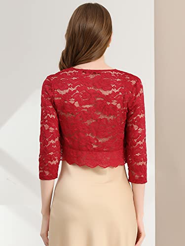 Allegra K A21031600UX0352 Women'S Elegant 3/4 Sleeve Sheer Floral Lace Shrug Top Small Deep Red thumb #4