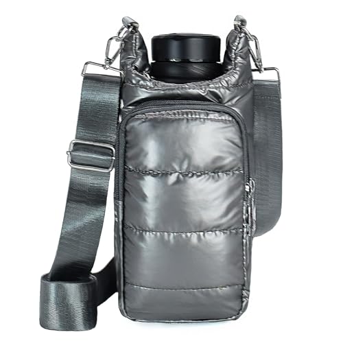 Image of KAMEILONG Puffer Water Bottle Holder Quilted Sports Pouch Bag with Adjustable Shoulder Strap Flask Sling Bag