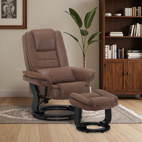 M MCombo Relaxsessel mit Liegefunktion, Lesesessel, 360° Drehbarer Fernsehsessel, mit Hocker, mit Kissen & Seitentasche, bis 120 Kg Belastbarer TV-Sessel für Wohnzimmer, 9099 (Mikrofaser, Braun) – Bild 3