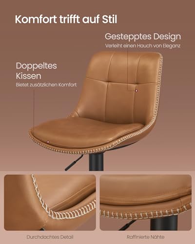 VASAGLE Barhocker 2er Set, Barstühle höhenverstellbar, drehbare Küchenhocker, gesteppter PU-Bezug, mit Rückenlehne und Fußstütze, Esszimmer, Theke, Stahl, karamellbraun LJB095K01