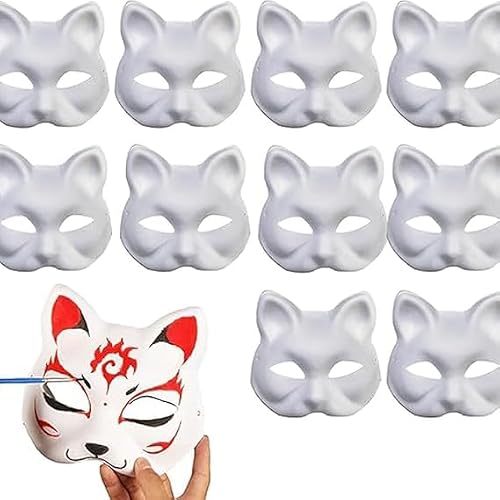 10 Pack Blank White Cat Masks, Paper Cat Masks for Decorating & Hand-Painted Graffiti, for Cosplay, Halloween, Party & Holiday Shows