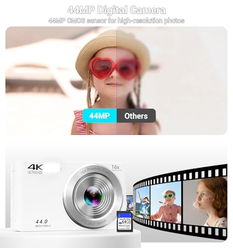Image of Digital Camera 4K, Autofocus Digital Compact Digital Camera,16X Digital Zoom Upgraded Travel Camera with 64GB SD Card,2 Batteries,Small Camera for Teens Kids Boys Girls,White