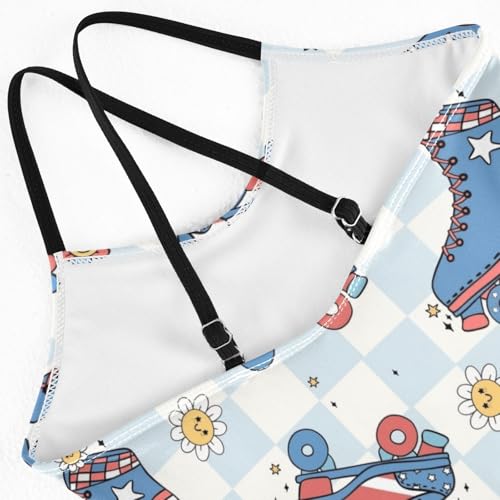 Girls One Piece Swimsuits Roller Skate Shoes for 4th of July Sport Halter Swimwear Beach Bathing Suit, 5-6T4