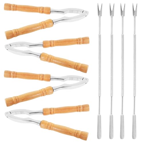 4Pcs Crab Leg Crackers with 4 Picks Sturdy Seafood Cracker Tool with Nonslip Wood Handle Efficient Lobster Crackers Seafood Cracker Nut Crackers for Seafood Nuts Walnuts(8,silver)