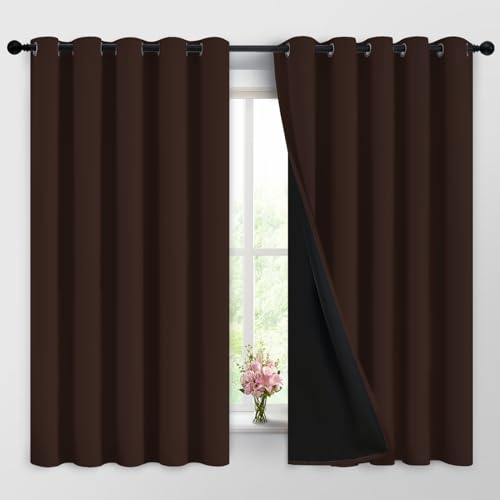 Image of Yakamok Chocolate Brown Blackout Curtains 63 Inches Long 62 inch Wide, 2 Panels | Blackout Curtain Panels for Bedroom, 2 Thick Layers Grommet Top Thermal Insulated Drapes with Black Liner for Living Room