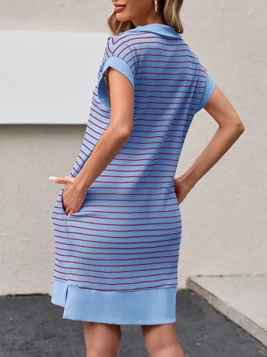 Image of Wenrine Womens Striped Mini Dress Casual Zipper Cap Sleeve Collared V Neck Loose Knit Summer Dresses