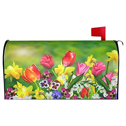 Abucaky Tulip and Daffodil Flowers Mailbox Cover Magnetic Spring Waterproof Mailbox Wraps Post Letter Box Decor 25.5x21 in Cover