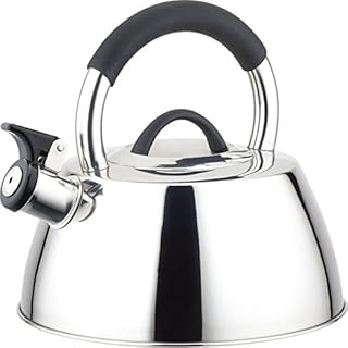 Buckingham Modern Stainless Steel Stove Top Induction Whistling Kettle 2.6 Litre Satin Finish with black silicon grip stay cool handle, 22.5 x 22.5 x 23 cm