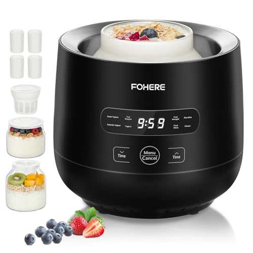 FOHERE Joghurtbereiter, Joghurt inkl. 2 XXL Glasbehälter 2000 ml und 1400 ml, 4 Keramik Portionsbecher à 125 ml, 8 Voreingestellte Programme, Maker für Griechischer Joghurt, Käse, Natto, Reiswein